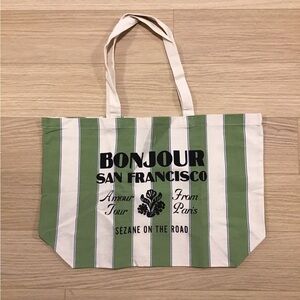 Sézane Green and White Striped Tote Bag